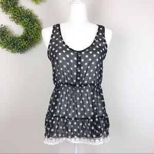 🌿 Papaya Sheer Polka Dot Peplum Sleeveless Blouse